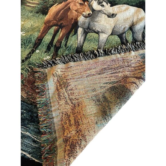 Horses Equestrian Throw Blanket Tapestry Woven Cotton Fringe Signed Picken 67x50 - Picture 4 of 9